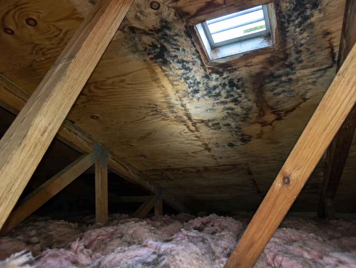 Attic roof sheathing with dark mold staining near a roof vent
