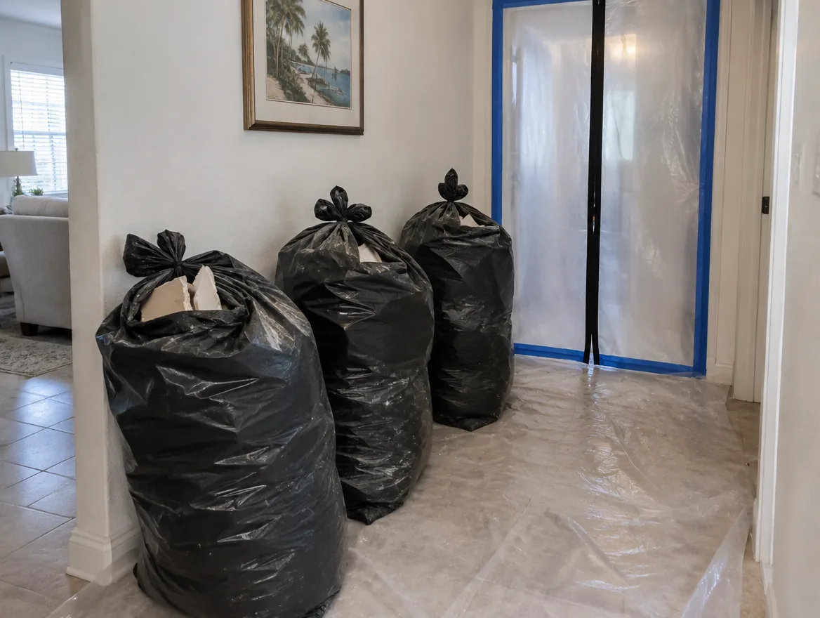 Bagged drywall pieces in heavy plastic bags lined up beside a sealed containment doorway.