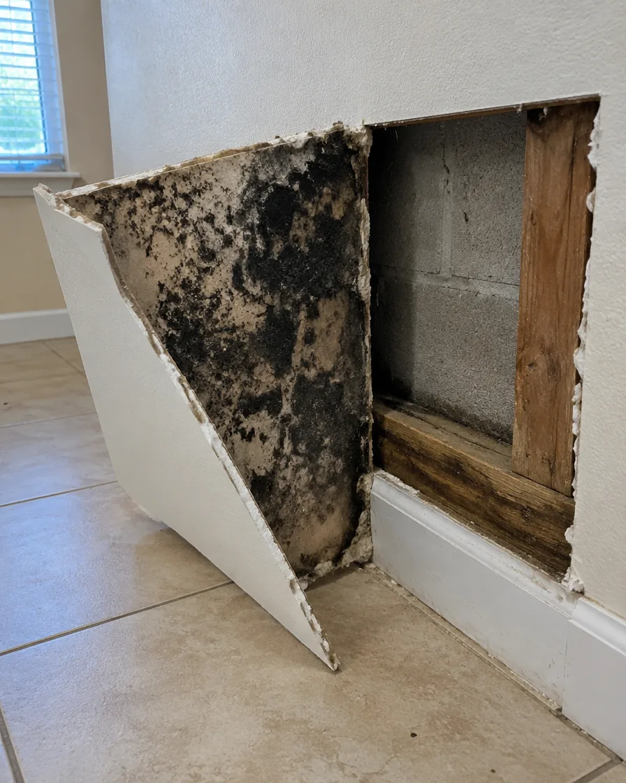 Close view of a cut-open lower drywall section showing dark growth on the back of the paper and a concrete blo