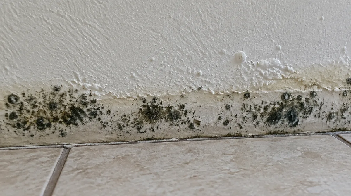 Close view of dark greenish-black mold spots on the lower edge of wet drywall