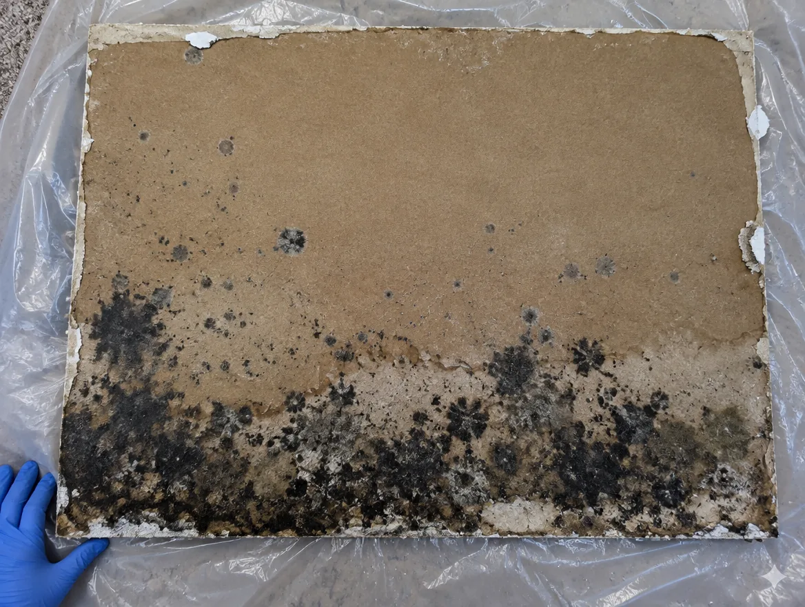 Close view of mold growth on the back of a cut piece of drywall