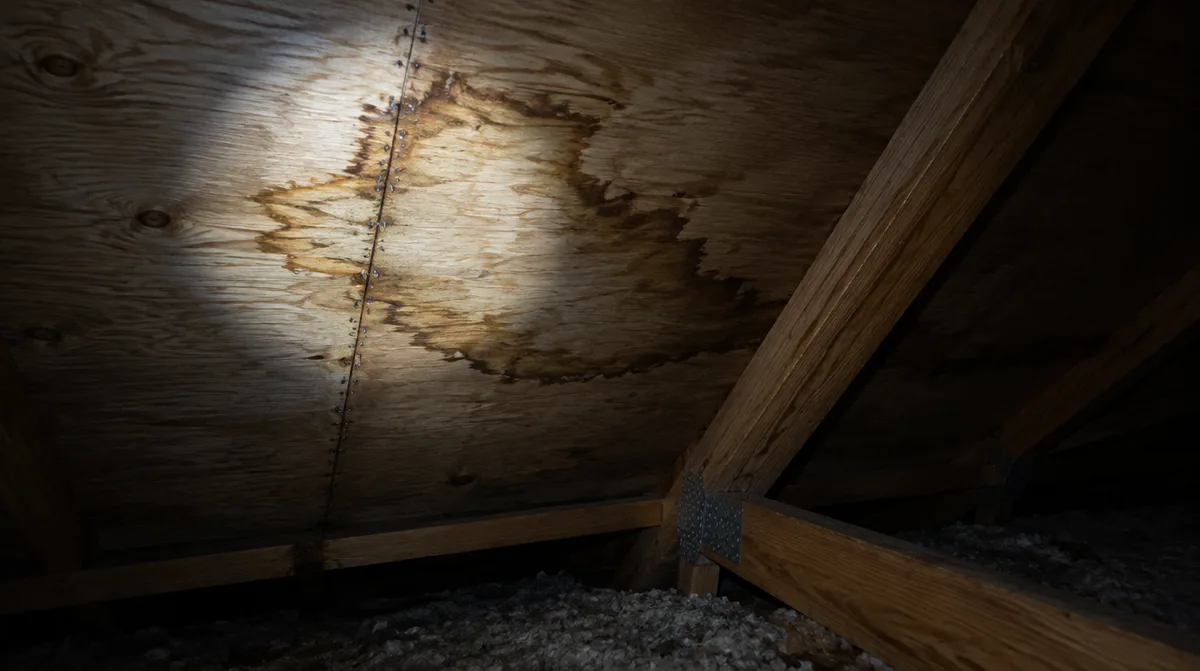 Flashlight beam on water-stained plywood roof sheathing inside an attic