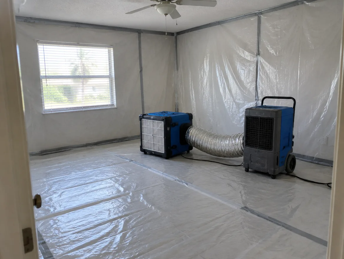 A HEPA air scrubber and dehumidifier running in an emptied room with plastic-covered walls.