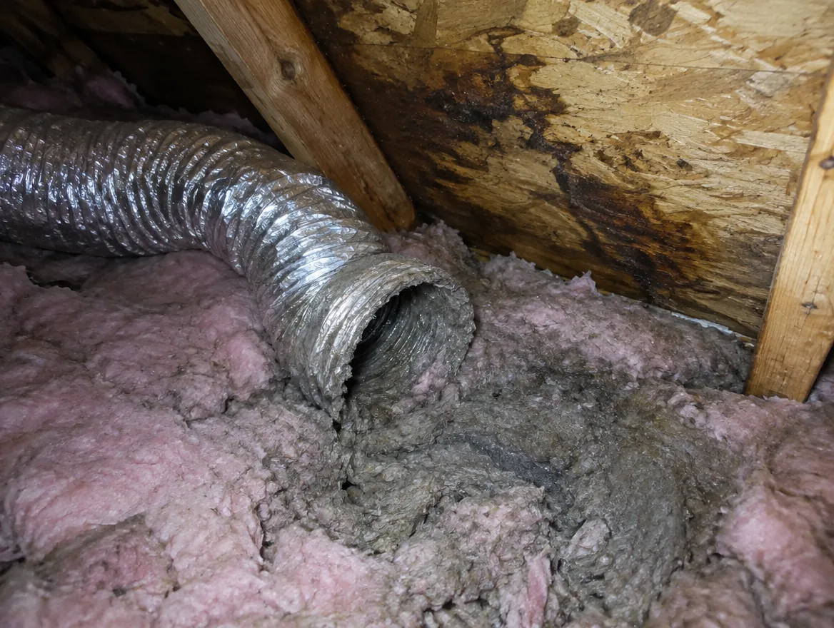 A loose flexible bathroom exhaust duct ending in attic insulation, with damp, matted insulation around it.