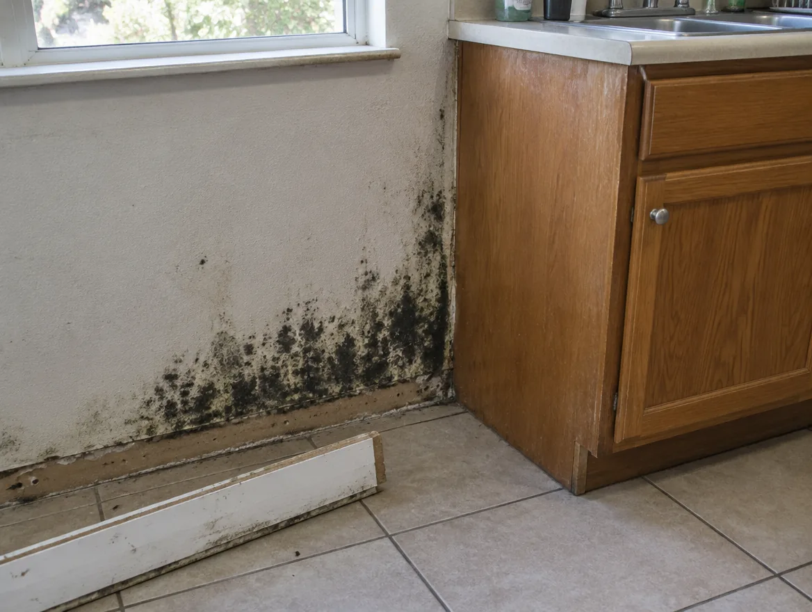 A lower wall in a kitchen with the baseboard removed, showing dark mold spreading up the back of the drywall n