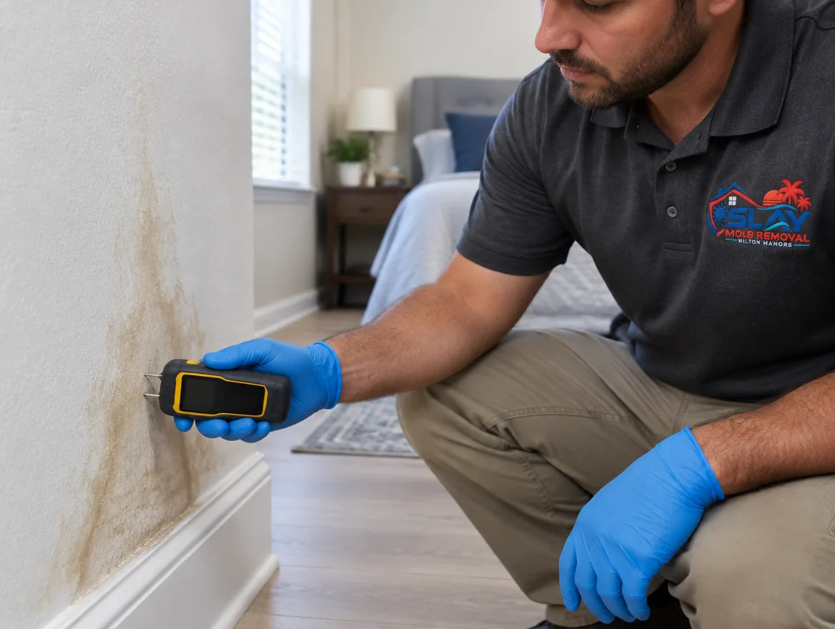 Moisture meter pressed against a stained interior wall