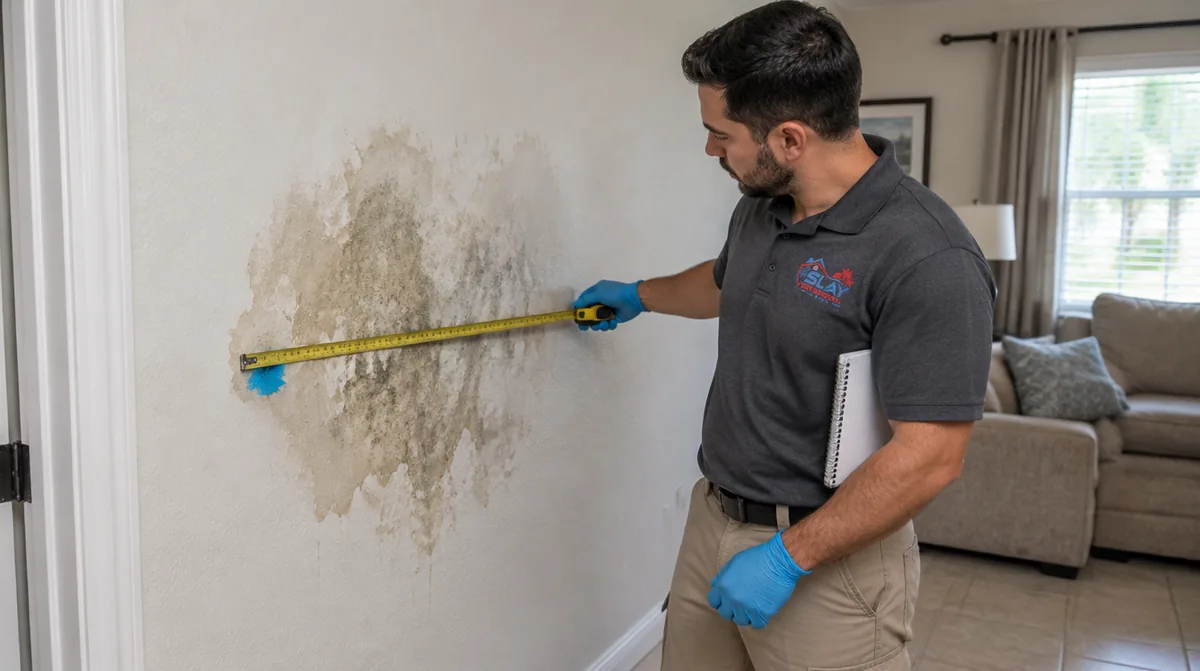 Mold inspector measuring a stained wall area with a tape measure in a living room