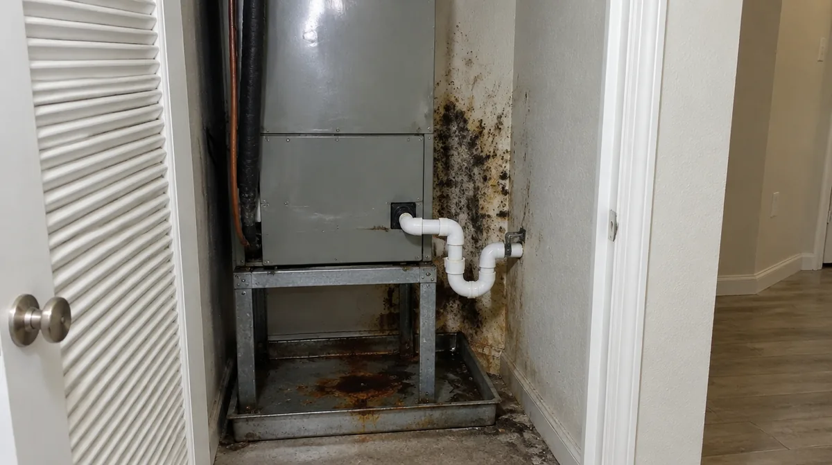 Open air handler closet with a white PVC condensate line and drain pan under the unit