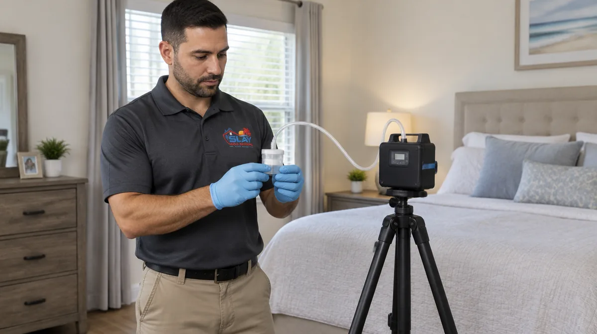 Person in protective gloves holding an air sampling cassette next to a small pump in a bedroom
