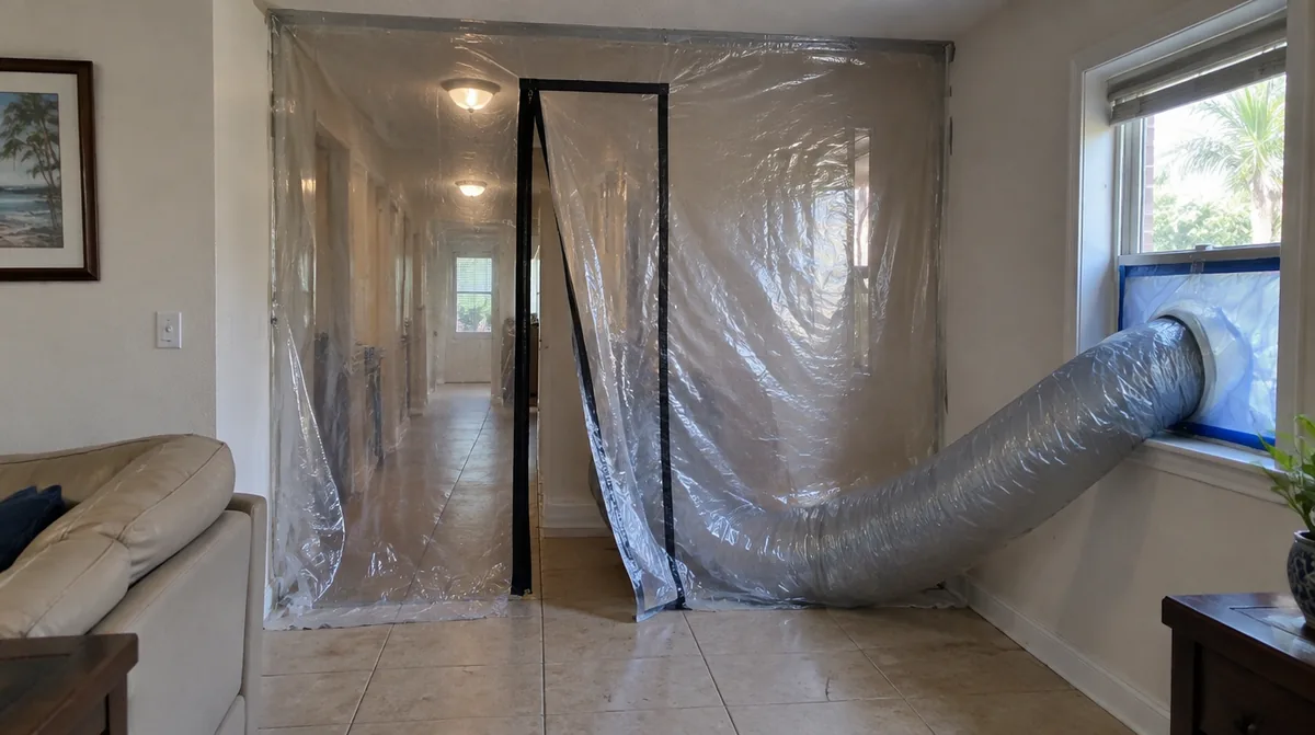 Plastic sheeting containment with a zipper door set up in a home hallway