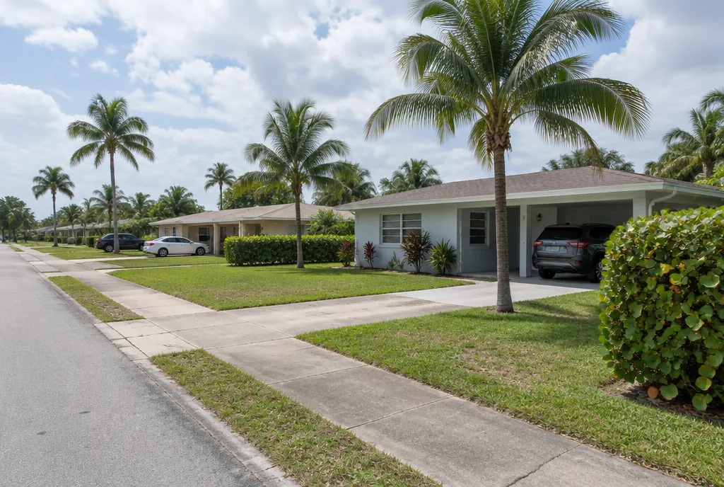 Residential street of single-story block homes in Broward County