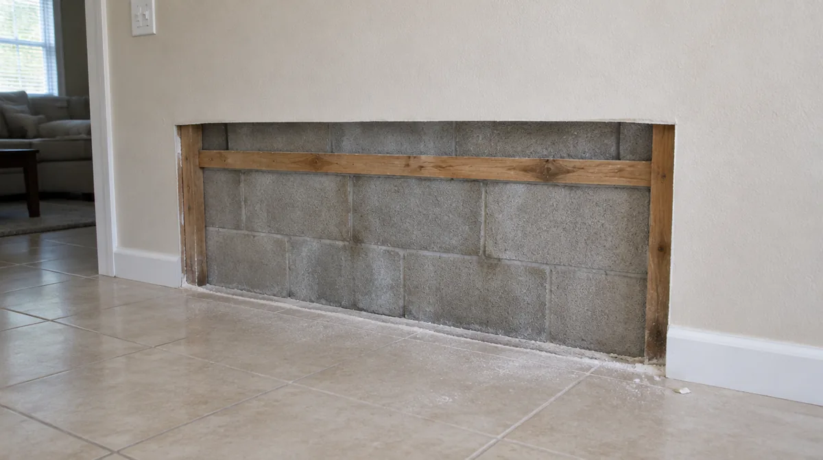 Section of drywall cut away near the floor showing a concrete block wall behind it