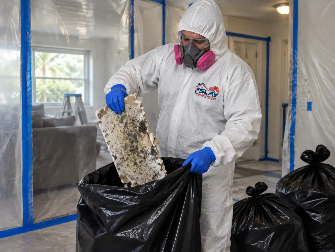 Technician bagging moldy drywall inside plastic containment