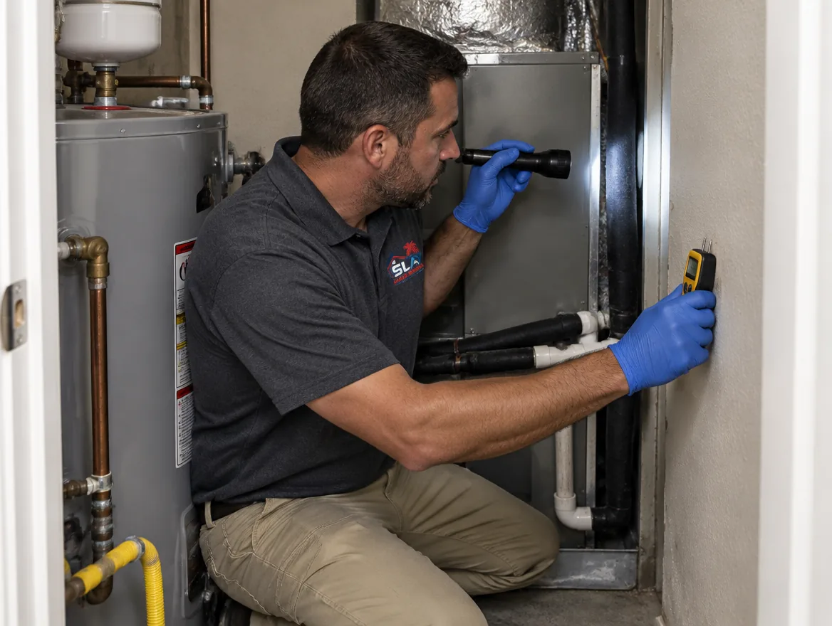 A technician inspecting a cramped condo utility closet with a flashlight and moisture meter, checking the base