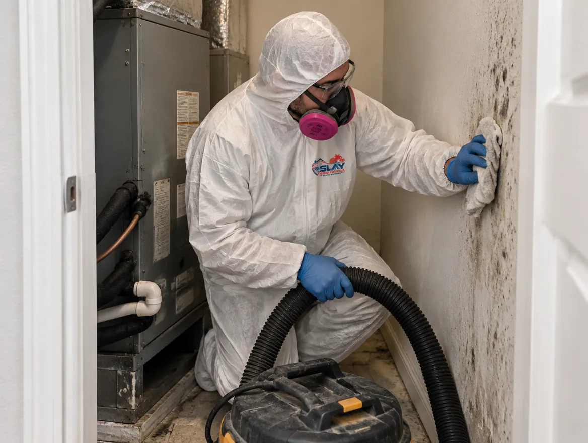 A technician in protective gear cleaning mold from the walls of a small air handler closet inside a single-sto