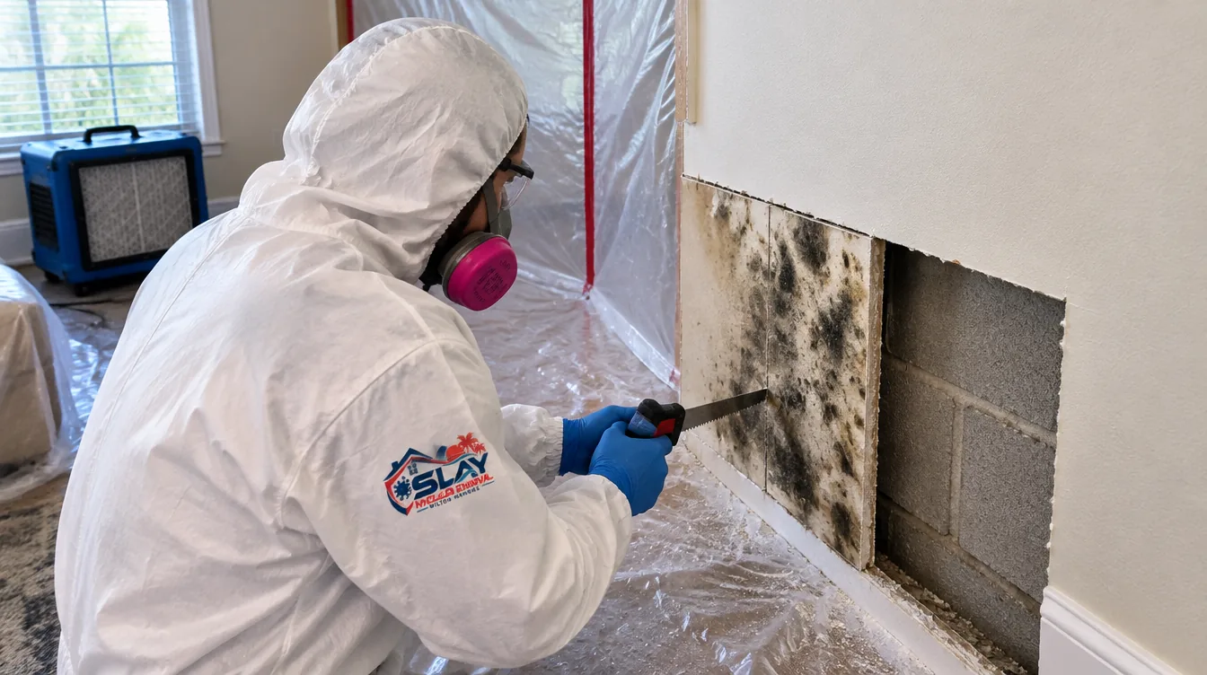 Technician in protective gear cutting out moldy drywall in a home