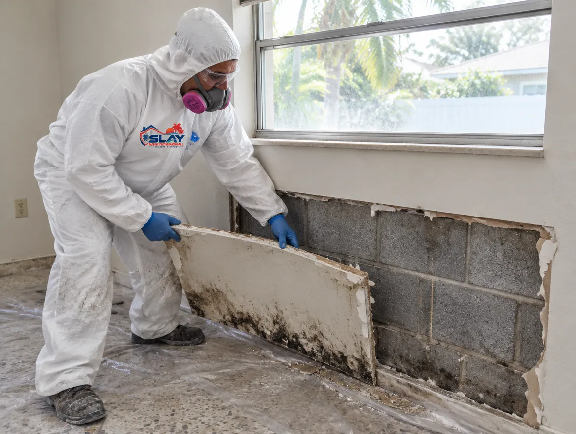 A technician in protective gear removing a section of damp drywall from the inside of a single-story concrete-