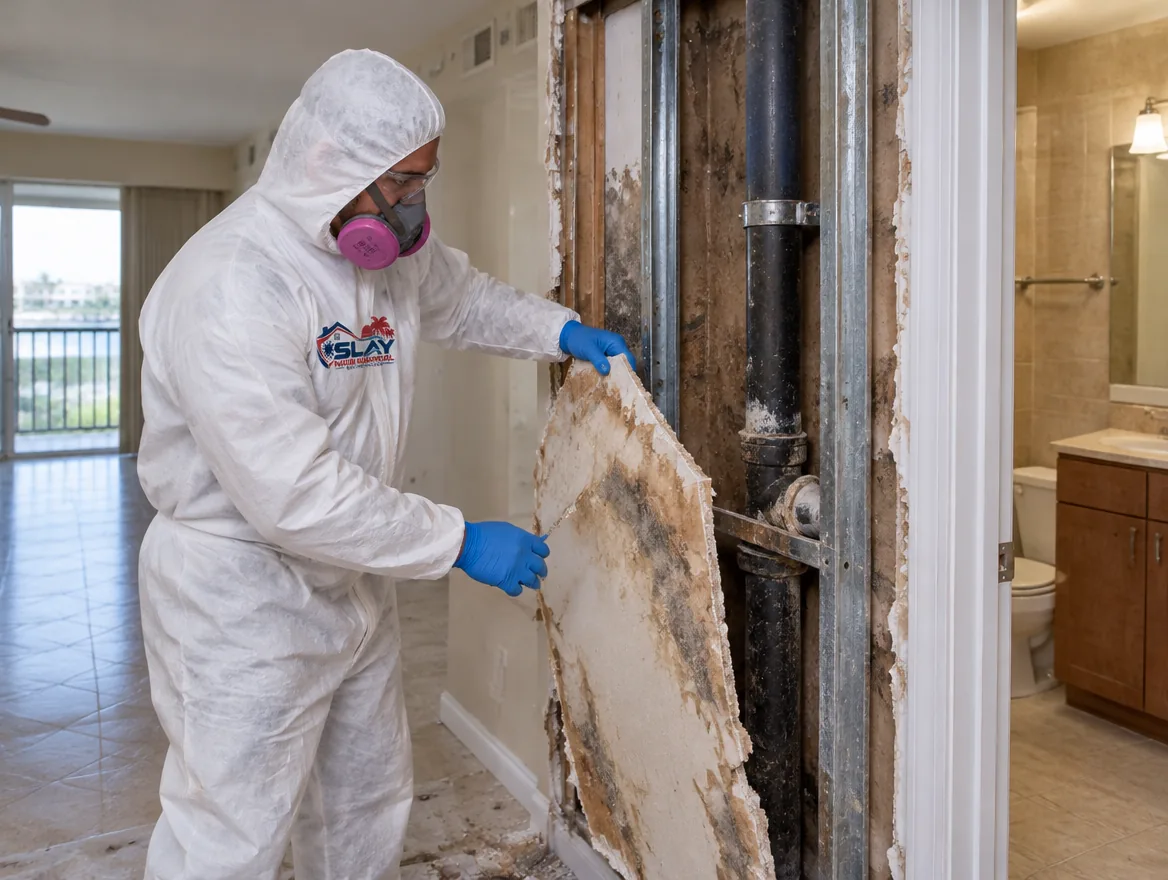 A technician in protective gear removing water-stained drywall from a shared wall inside a suburban condominiu