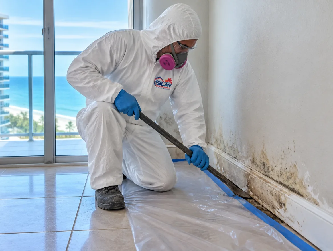A technician removing a water-damaged baseboard beside a balcony sliding door inside an oceanfront high-rise c