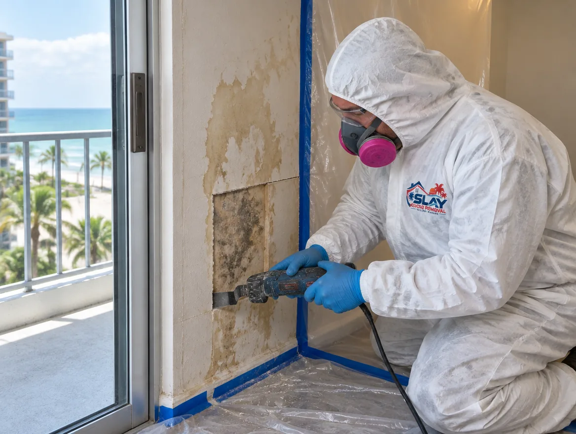A technician in a respirator cutting out water-stained drywall beside a sliding balcony door inside an older c