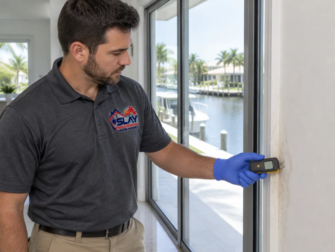 A technician using a moisture meter on the drywall beside a sliding glass door in a remodeled canal-front sing