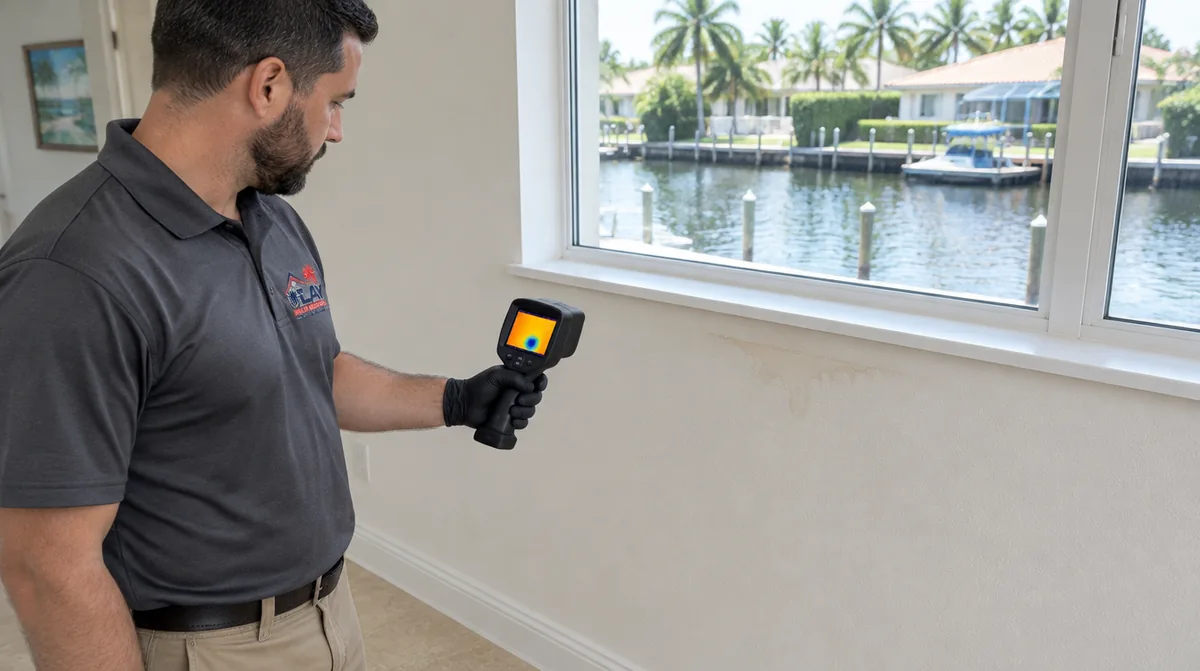 Thermal camera screen showing a cool damp patch below a window on an interior wall