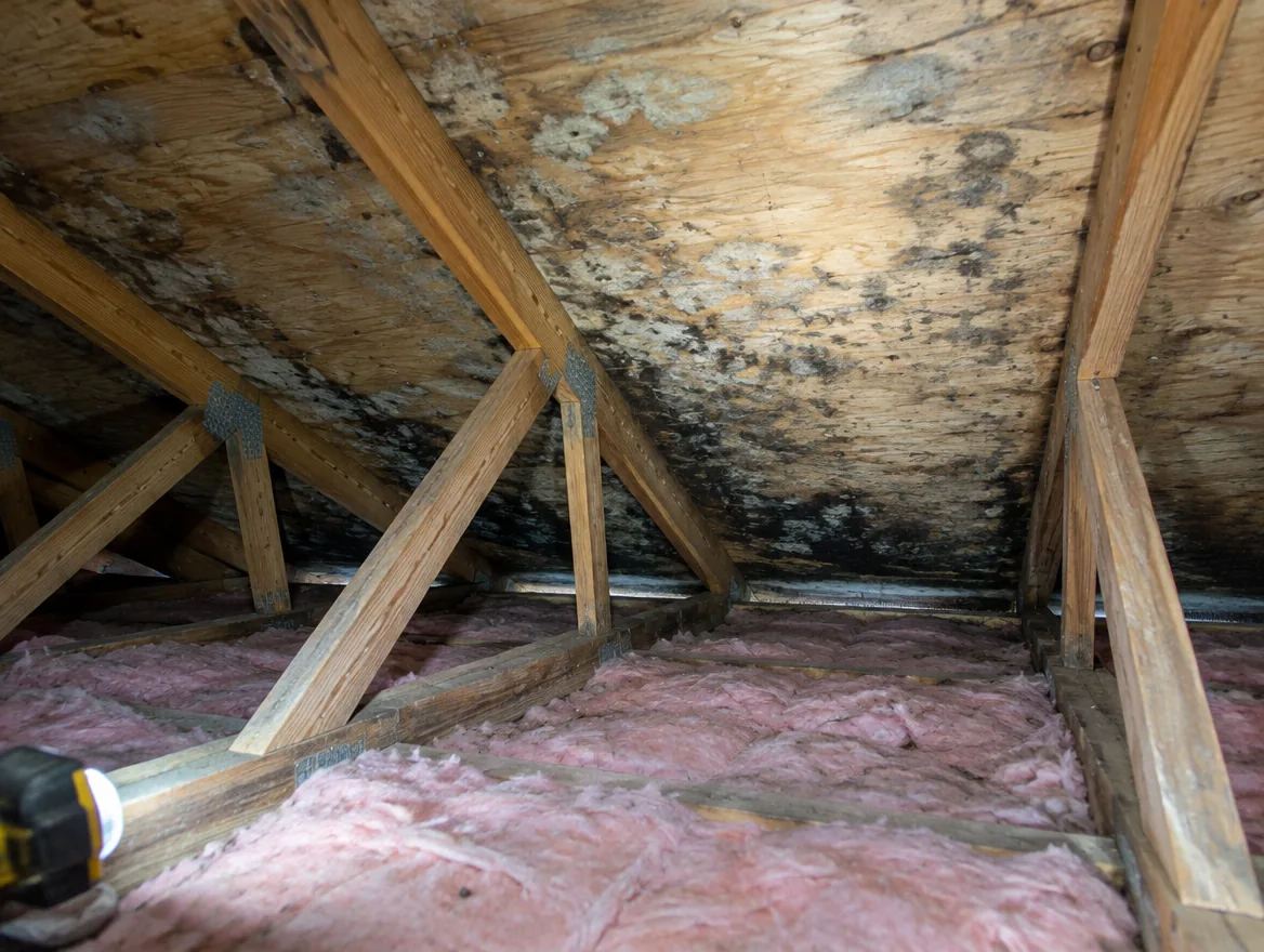View up into a low-slope attic showing gray and dark staining on plywood roof sheathing between wooden trusses