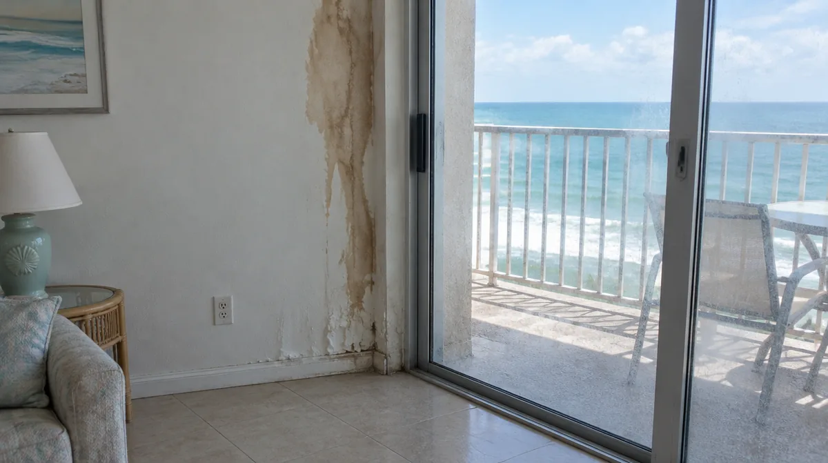 Water stain on a condo wall beside an aluminum sliding glass door to a balcony