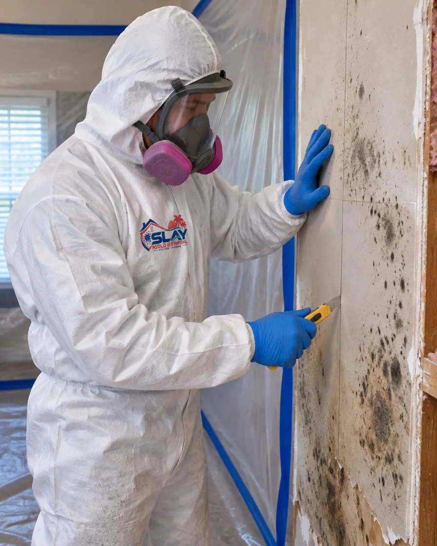 A worker in a full-face respirator carefully cutting a section of stained drywall inside plastic containment.