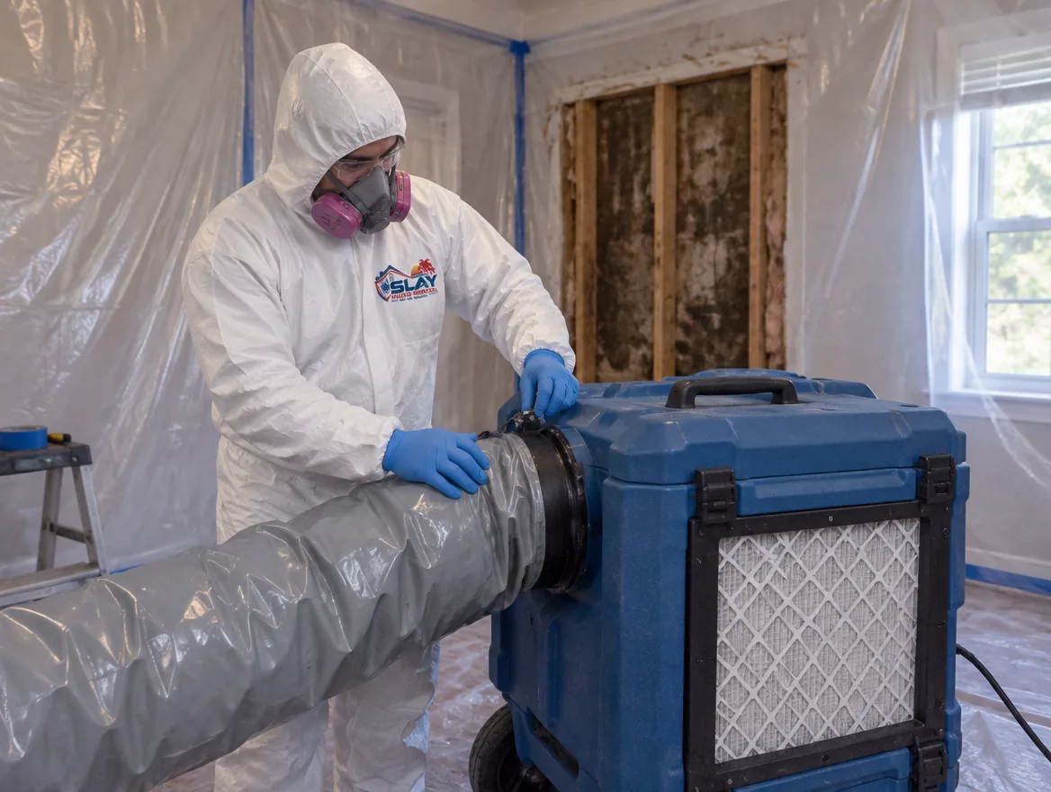 Worker in a respirator and coveralls inside plastic containment
