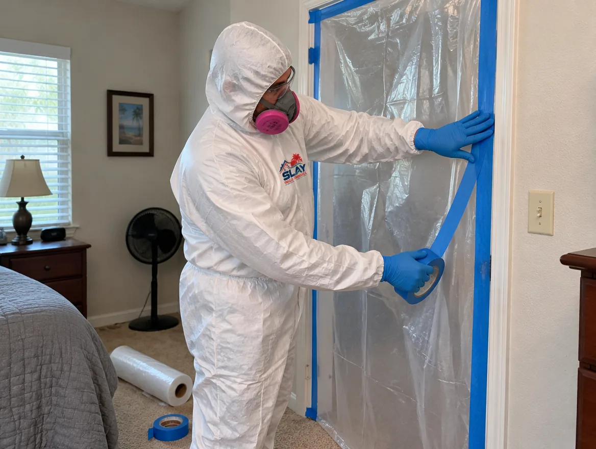 A worker in a respirator and disposable suit taping plastic sheeting around a bedroom doorway to build contain