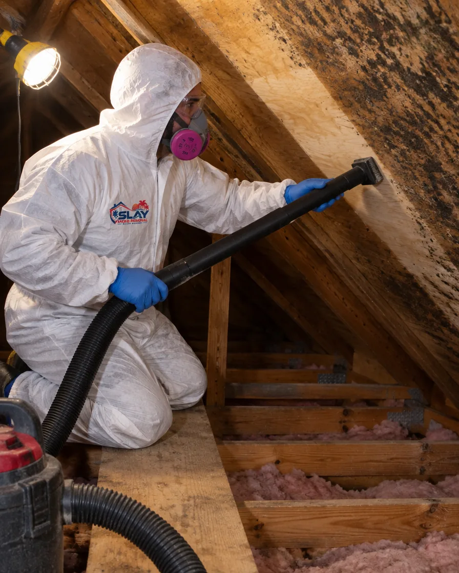 A worker in a respirator and protective suit HEPA vacuuming the underside of a roof deck while kneeling on boa